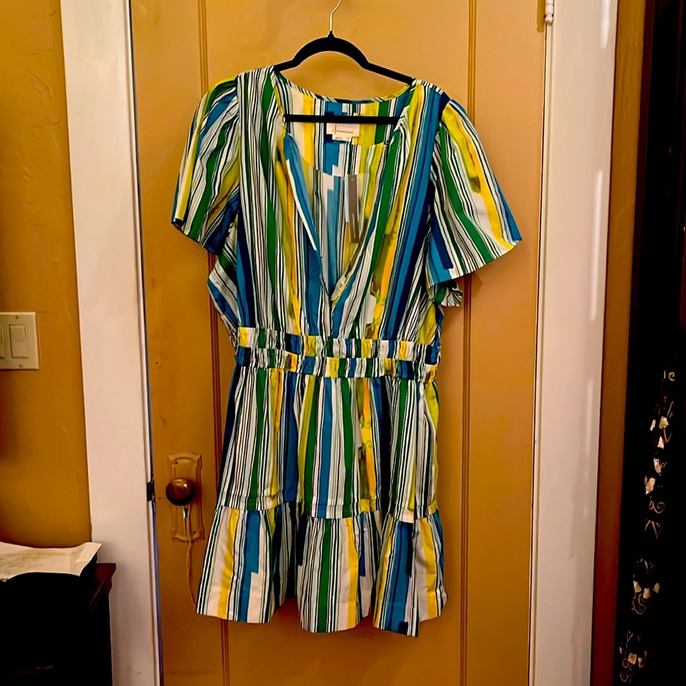 Anthropologie Striped V-Neck Midi Dress in Blue, Green, Yellow